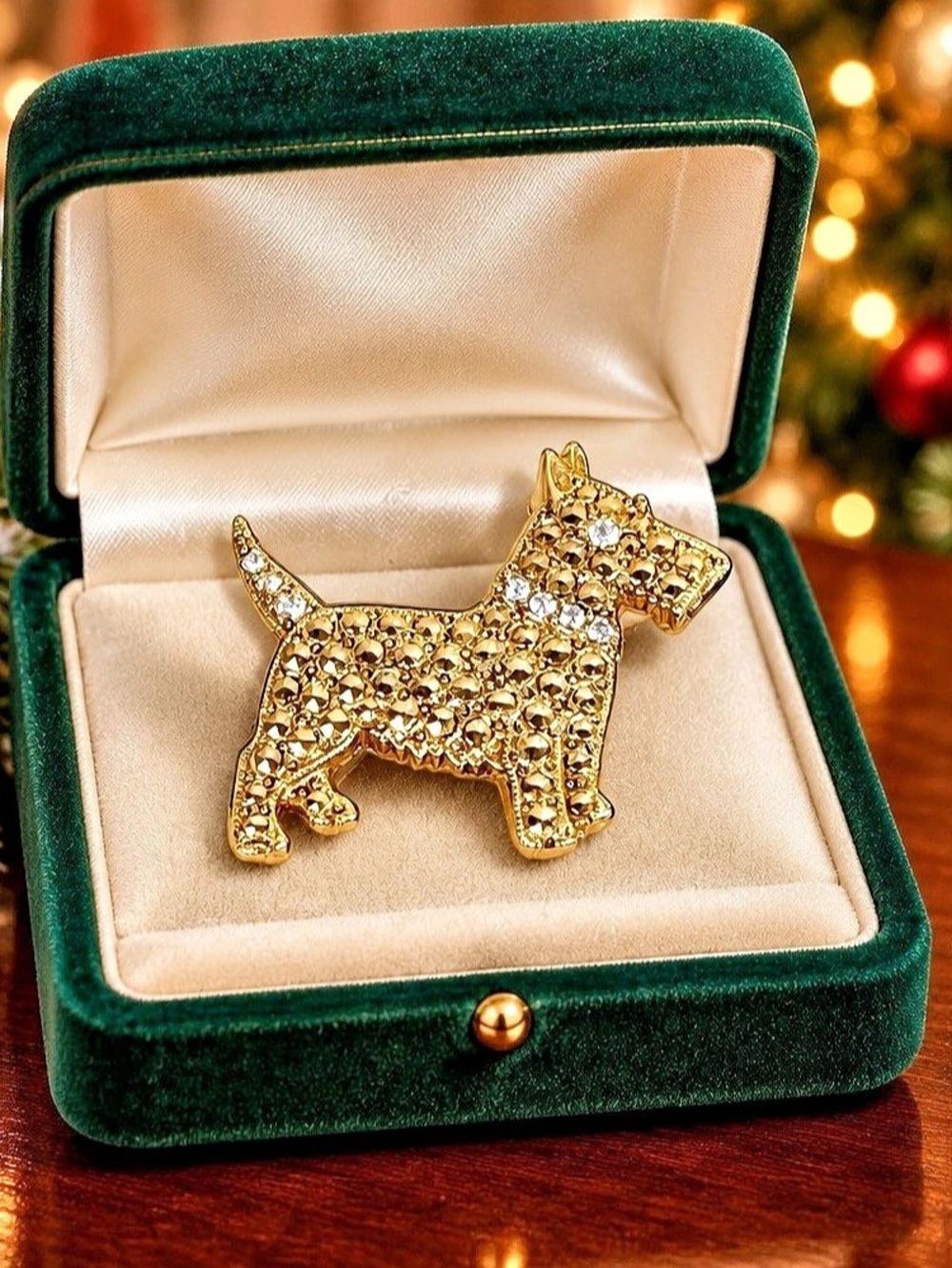 Vintage 1928 Brand Scottish Terrier Gold Tone Metal And Rhinestone Brooch